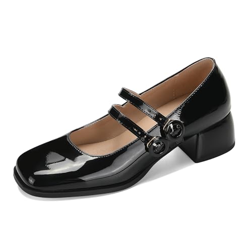 Lizoleor Mitte Absatz Square Toe Mary Jane Knöchelriemchen Damen Pumps Komfort Weit Fit Blockabsatz Concise Sommer Business Schuhe Schwarz Gr 36 EU von Lizoleor