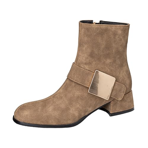 Lizoleor Mitte Blockabsatz Square Toe Weit Fit Damen Stiefeletten Reißverschluss Komfort Solid Color Klassische Low Arbeit Stiefel Khaki Gr 36 EU von Lizoleor