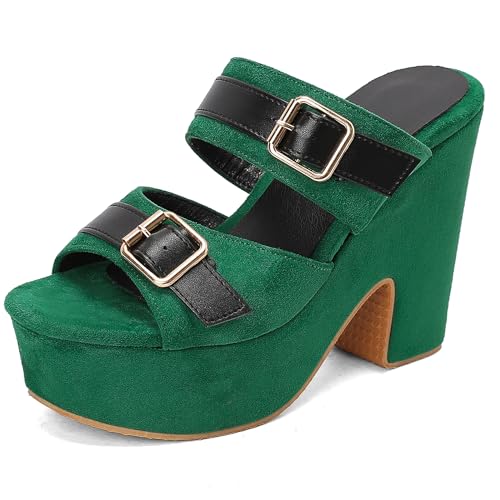 Lizoleor Mode Blockabsatz Mules Paltform Damen Hausschuhe Pantoffeln Sandals Slingback Schnalle Ohne Verschluss Concise Wildleder Draußen Mules Dark-Grün Gr 40 EU/41Cn von Lizoleor