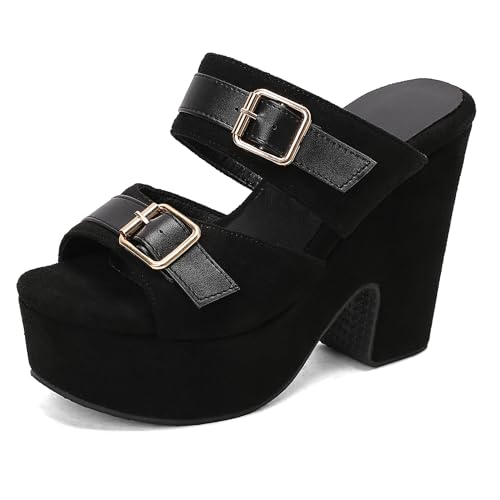 Lizoleor Mode Blockabsatz Mules Paltform Damen Hausschuhe Pantoffeln Sandals Slingback Schnalle Ohne Verschluss Concise Wildleder Draußen Mules Schwarz Gr 40 EU/41Cn von Lizoleor