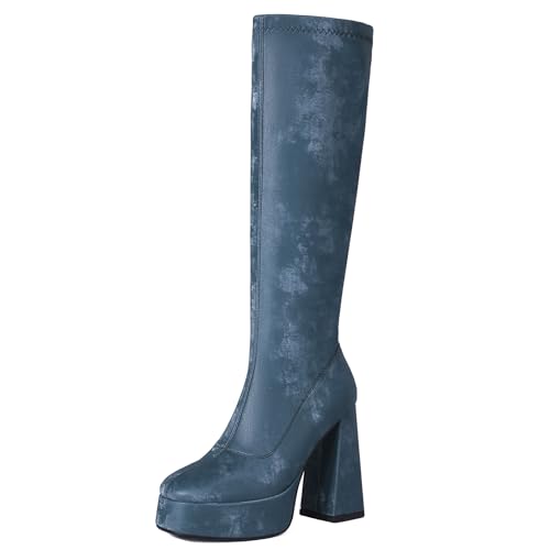 Lizoleor Mode Blockabsatz Plateau Damen Knee Stretch Stiefel Runde Zehen Super Höhe Ferse Ohne Verschluss Abend Long Reitstiefel Blau Gr 38 EU/39Cn von Lizoleor