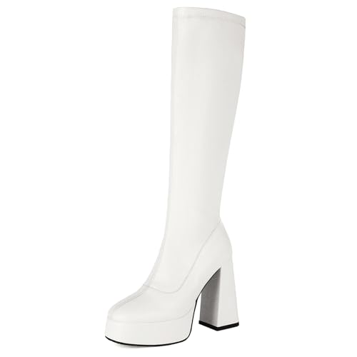Lizoleor Mode Blockabsatz Plateau Damen Knee Stretch Stiefel Runde Zehen Super Höhe Ferse Ohne Verschluss Abend Long Reitstiefel Weiß Gr 36.5 EU/37Cn von Lizoleor