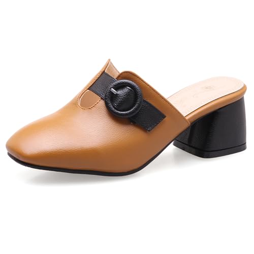 Lizoleor Mode Draußen Mules Square Toe Ohne Verschluss Damen Pantoffeln Slingback Komfort Mitte Blockabsatz Geschlossen Sommer Hausschuhe Pantoffeln Gelb Gr 32 EU von Lizoleor