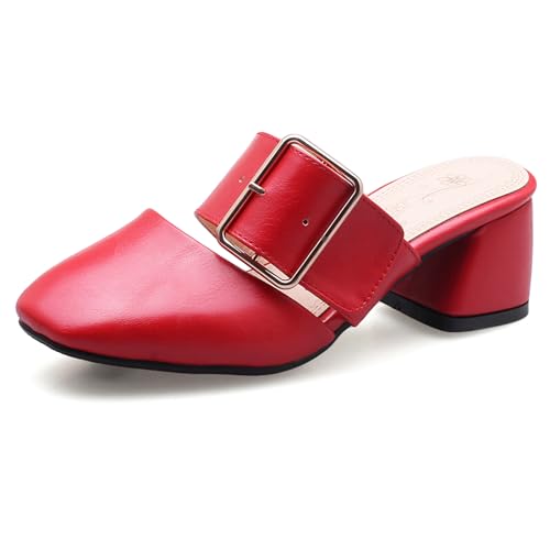 Lizoleor Mode Draußen Mules Square Toe Ohne Verschluss Damen Pantoffeln Slingback Komfort Mitte Blockabsatz Geschlossen Sommer Hausschuhe Pantoffeln Rot Gr 47 EU/49Cn von Lizoleor
