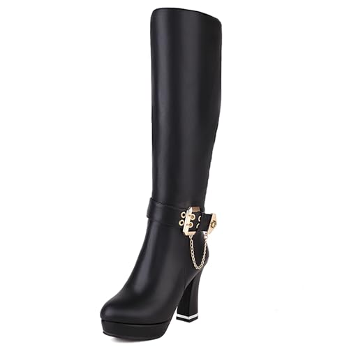 Lizoleor Mode Equestrian Damänner Plateau Blockabsatz Boots Runde Zehen Elegant Knee Winter Riding Booty Seitlicher Reißverschluss Kleid Schwarz Gr 39 EU/40Cn von Lizoleor