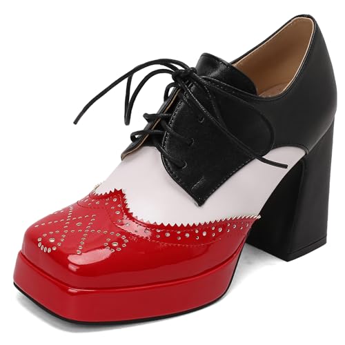 Lizoleor Mode High Blockabsatz Square Toe Schnüren Damen Schuhe Cross Strap Plateau Weit Fit Splicing Pump Rot Gr 38 EU/39Cn von Lizoleor