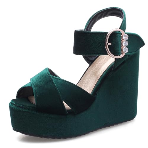 Lizoleor Mode Keilabsatz Velvet Slingback Damensandalen Peep Toe Plateau Knöchelriemchen Schnalle Leisure Solid Color Romisch Dark-Grün Gr 38 EU/39Cn von Lizoleor