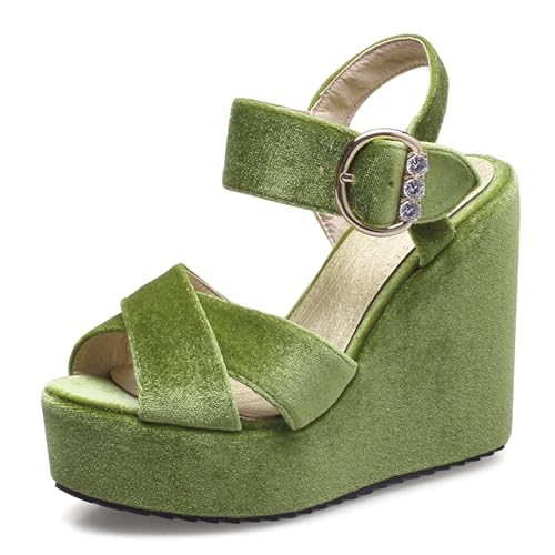 Lizoleor Mode Keilabsatz Velvet Slingback Damensandalen Peep Toe Plateau Knöchelriemchen Schnalle Leisure Solid Color Romisch Grass-Grün Gr 51 EU/53Cn von Lizoleor
