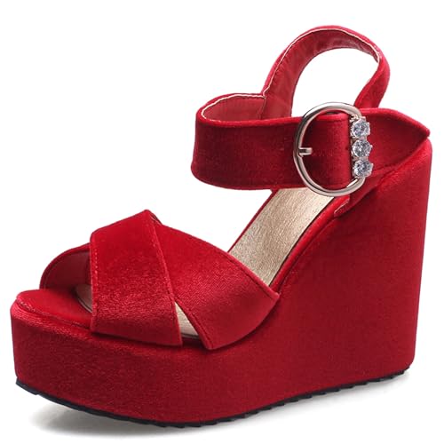 Lizoleor Mode Keilabsatz Velvet Slingback Damensandalen Peep Toe Plateau Knöchelriemchen Schnalle Leisure Solid Color Romisch Rot Gr 40.5 EU/42Cn von Lizoleor