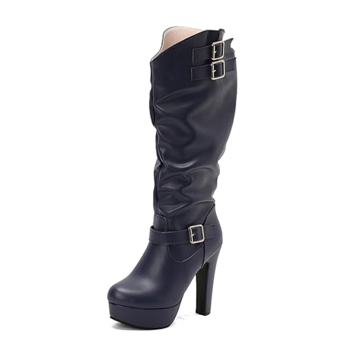 Lizoleor Mode Ohne Verschluss Blockabsatz Runde Zehen Damen Lockere Stiefel Plateau Pleated Schnalle Solid Color Knee Tall Anzugstiefel Blau Gr 35 EU von Lizoleor
