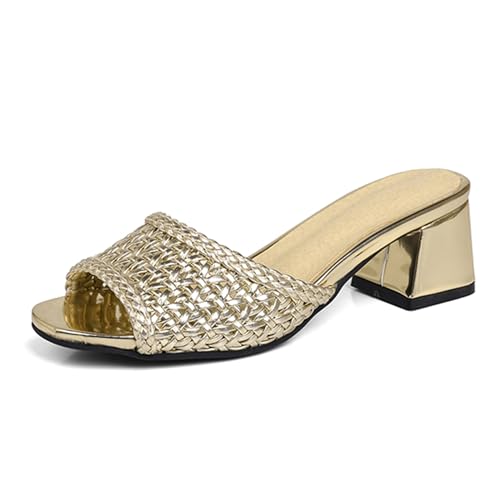 Lizoleor Mode Ohne Verschluss Mules Blockabsatz Peep Toe Damen Pantoffeln Braid Slingback Draußen Leisure Komfort Strand Hausschuhe Pantoffeln Sandals Gold Gr 40.5 EU/42Cn von Lizoleor