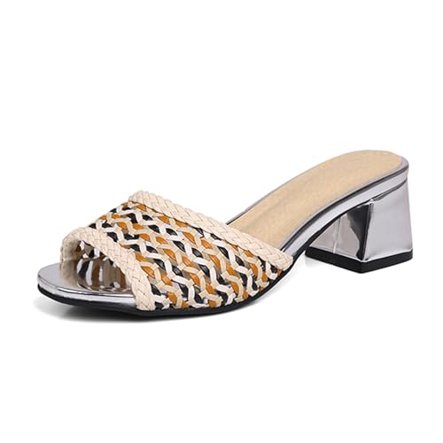 Lizoleor Mode Ohne Verschluss Mules Blockabsatz Peep Toe Damen Pantoffeln Braid Slingback Draußen Leisure Komfort Strand Hausschuhe Pantoffeln Sandals Silber Gr 34 EU von Lizoleor