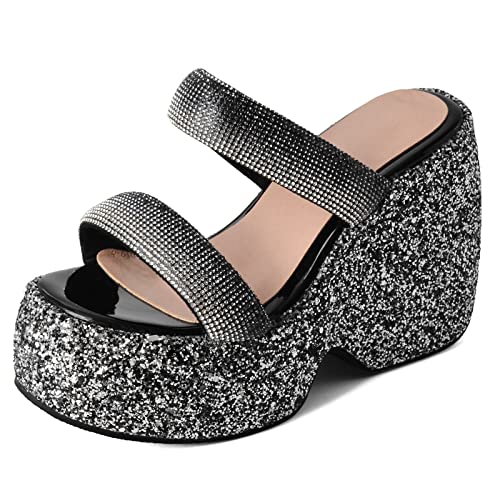 Lizoleor Mode Plateau Keilabsatz Pantoffeln Damen Pantoletten Sandalen Hochzeit Sequins Sparkly Pantoletten Höhe Ferse Sommer Strand Schuhe Schwarz Gr 36 Eu von Lizoleor