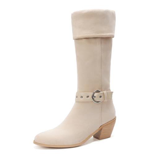 Lizoleor Mode Poined Toe Ohne Verschluss Blockabsatz Damen Knee Stiefel Concise Schnalle Höhe Ferse Herbst Winter Long Cowboystiefel Beige-Dl Gr 40.5 EU/42Cn von Lizoleor
