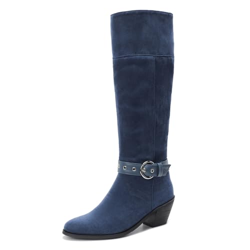 Lizoleor Mode Poined Toe Ohne Verschluss Blockabsatz Damen Knee Stiefel Concise Schnalle Höhe Ferse Herbst Winter Long Cowboystiefel Blau-Rl Gr 40.5 EU/42Cn von Lizoleor