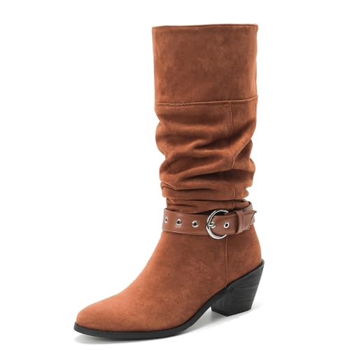 Lizoleor Mode Poined Toe Ohne Verschluss Blockabsatz Damen Knee Stiefel Concise Schnalle Höhe Ferse Herbst Winter Long Cowboystiefel Braun-Dl Gr 33 EU von Lizoleor