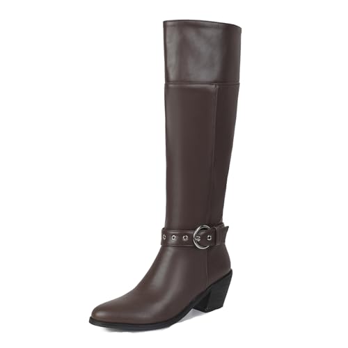 Lizoleor Mode Poined Toe Ohne Verschluss Blockabsatz Damen Knee Stiefel Concise Schnalle Höhe Ferse Herbst Winter Long Cowboystiefel Braun-Dl Gr 33 EU von Lizoleor