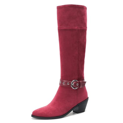 Lizoleor Mode Poined Toe Ohne Verschluss Blockabsatz Damen Knee Stiefel Concise Schnalle Höhe Ferse Herbst Winter Long Cowboystiefel Rotwein-Rl Gr 33 EU von Lizoleor