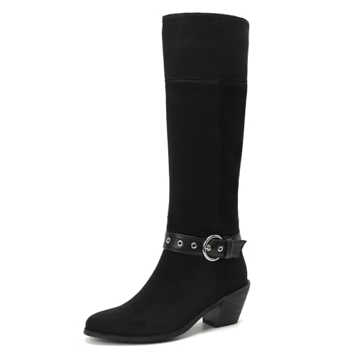 Lizoleor Mode Poined Toe Ohne Verschluss Blockabsatz Damen Knee Stiefel Concise Schnalle Höhe Ferse Herbst Winter Long Cowboystiefel Schwarz-Dl Gr 40.5 EU/42Cn von Lizoleor