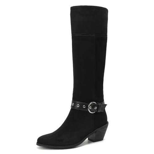 Lizoleor Mode Poined Toe Ohne Verschluss Blockabsatz Damen Knee Stiefel Concise Schnalle Höhe Ferse Herbst Winter Long Cowboystiefel Schwarz-Rl Gr 36 EU von Lizoleor