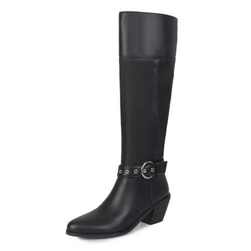 Lizoleor Mode Poined Toe Ohne Verschluss Blockabsatz Damen Knee Stiefel Concise Schnalle Höhe Ferse Herbst Winter Long Cowboystiefel Schwarz-Rl Gr 40 EU/41Cn von Lizoleor