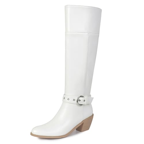Lizoleor Mode Poined Toe Ohne Verschluss Blockabsatz Damen Knee Stiefel Concise Schnalle Höhe Ferse Herbst Winter Long Cowboystiefel Weiß-Rl Gr 34 EU von Lizoleor