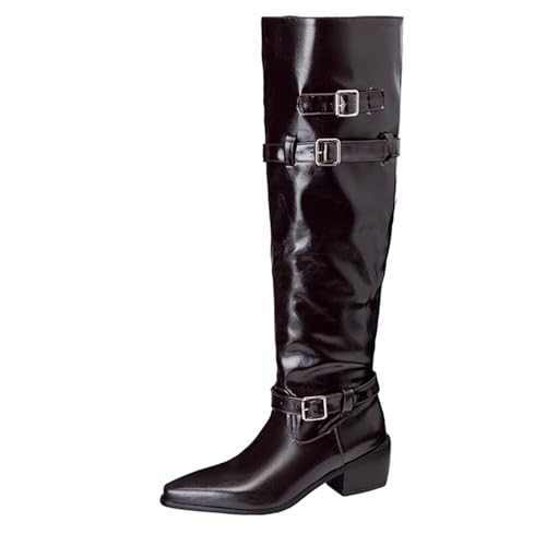 Lizoleor Mode Pointed Toe Blockabsatz Pleated Damen Lockere Stiefel Ohne Verschluss Schnalle Soild Color Knee Tall Reitstiefel Braun Gr 32 EU von Lizoleor