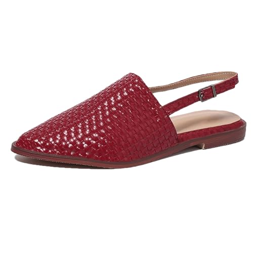 Lizoleor Mode Pointed Toe Slingback Braid Damensandalen Komfort Flach Schuhe Back Strap Schnalle Retro Solid Color Romisch Rotwein Gr 49 EU/51Cn von Lizoleor