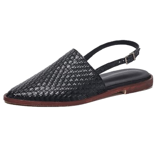 Lizoleor Mode Pointed Toe Slingback Braid Damensandalen Komfort Flach Schuhe Back Strap Schnalle Retro Solid Color Romisch Schwarz Gr 50 EU/52Cn von Lizoleor