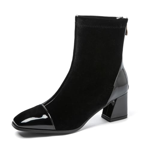 Lizoleor Mode Square Toe Back Reißverschluss Splicing Damen Stiefeletten Mitte Blockabsatz Lack Wildleder Elegant Arbeit Kleid Stiefeletten Schwarz Gr 45 EU/47Cn von Lizoleor