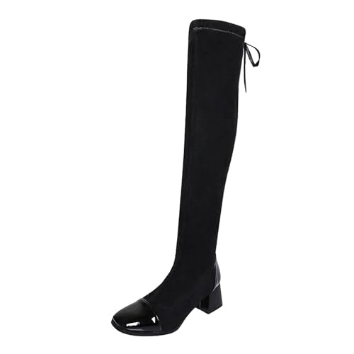 Lizoleor Mode Square Toe Ohne Verschluss Damen Long Stretch Stiefel Schnüren Elegant Lack Wildleder Splicing Mitte Blockabsatz Overknees Schwarz Gr 44 EU/46Cn von Lizoleor