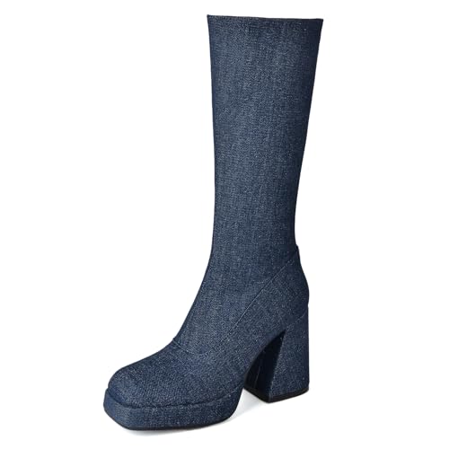 Lizoleor Mode Square Toe Plateau Blockabsatz Damen Denim Stiefel Side Reißverschluss Weit Fit Höhe Ferse Concise Soild Color Darkblau-Rl Gr 41 EU/43Cn von Lizoleor