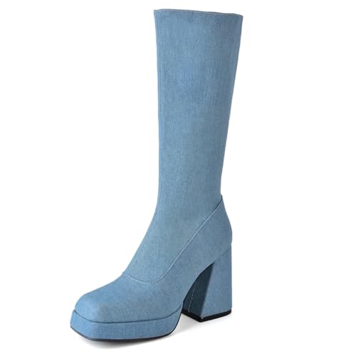 Lizoleor Mode Square Toe Plateau Blockabsatz Damen Denim Stiefel Side Reißverschluss Weit Fit Höhe Ferse Concise Soild Color Lightblau-Rl Gr 33 EU von Lizoleor