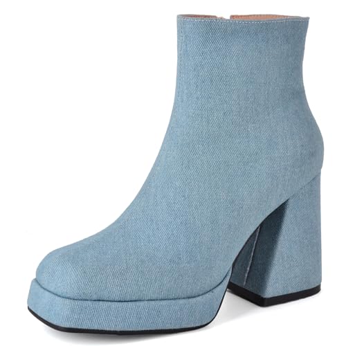 Lizoleor Mode Square Toe Plateau Blockabsatz Damen Denim Stiefel Side Reißverschluss Weit Fit Höhe Ferse Concise Soild Color Lightblau-Rl Gr 40.5 EU/42Cn von Lizoleor