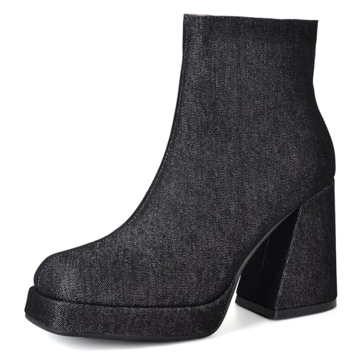 Lizoleor Mode Square Toe Plateau Blockabsatz Damen Denim Stiefel Side Reißverschluss Weit Fit Höhe Ferse Concise Soild Color Schwarz-Dl Gr 41 EU/43Cn von Lizoleor
