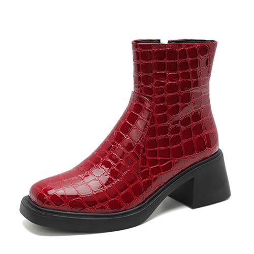 Lizoleor Mode Square Toe Plateau Blockabsatz Damen Stiefeletten Komfort Mitte Absatz Weit Fit Side Reißverschluss Stiefeletten Rot/Dl Gr 36.5 EU/37Cn von Lizoleor