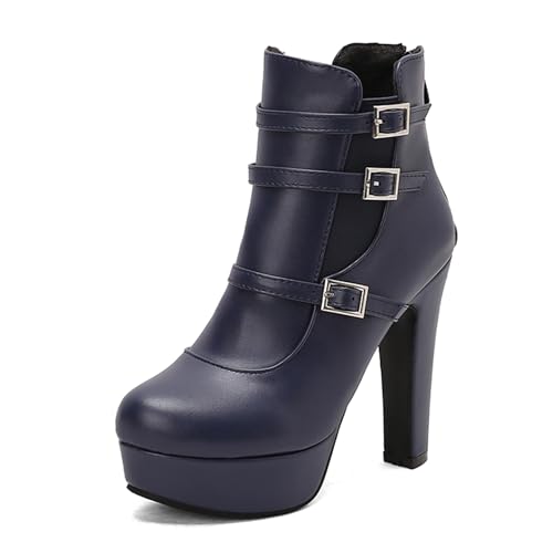 Lizoleor Mode Super Höhe Ferse Plateau Reißverschluss Damen Stiefeletten Runde Zehen Blockabsatz Stylish Herbst Winter Kleid Stiefeletten Blau Gr 39 EU/40Cn von Lizoleor