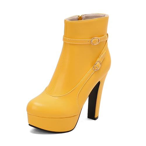 Lizoleor Mode Super Höhe Ferse Plateau Reißverschluss Damen Stiefeletten Runde Zehen Blockabsatz Stylish Herbst Winter Kleid Stiefeletten Gelb Gr 36.5 EU/37Cn von Lizoleor