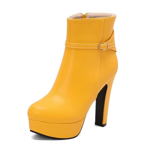 Lizoleor Mode Super Höhe Ferse Plateau Reißverschluss Damen Stiefeletten Runde Zehen Blockabsatz Stylish Herbst Winter Kleid Stiefeletten Gelb Gr 43 EU/45Cn von Lizoleor