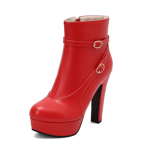 Lizoleor Mode Super Höhe Ferse Plateau Reißverschluss Damen Stiefeletten Runde Zehen Blockabsatz Stylish Herbst Winter Kleid Stiefeletten Rot Gr 35 EU von Lizoleor