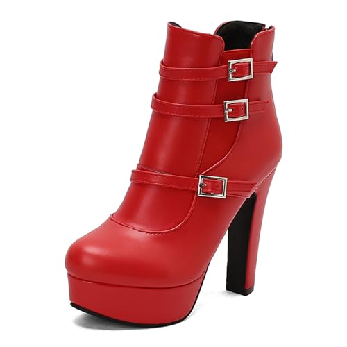 Lizoleor Mode Super Höhe Ferse Plateau Reißverschluss Damen Stiefeletten Runde Zehen Blockabsatz Stylish Herbst Winter Kleid Stiefeletten Rot Gr 36.5 EU/37Cn von Lizoleor