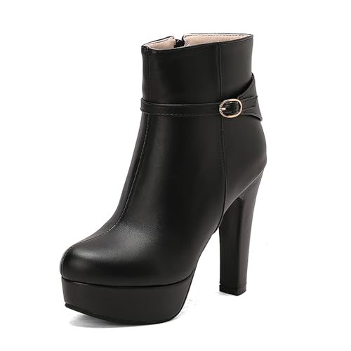 Lizoleor Mode Super Höhe Ferse Plateau Reißverschluss Damen Stiefeletten Runde Zehen Blockabsatz Stylish Herbst Winter Kleid Stiefeletten Schwarz Gr 38 EU/39Cn von Lizoleor