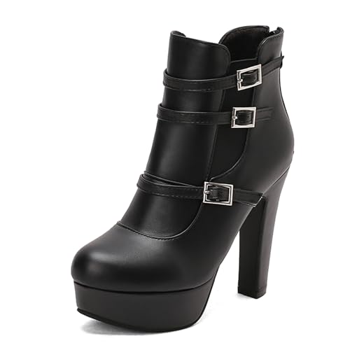 Lizoleor Mode Super Höhe Ferse Plateau Reißverschluss Damen Stiefeletten Runde Zehen Blockabsatz Stylish Herbst Winter Kleid Stiefeletten Schwarz Gr 44 EU/46Cn von Lizoleor