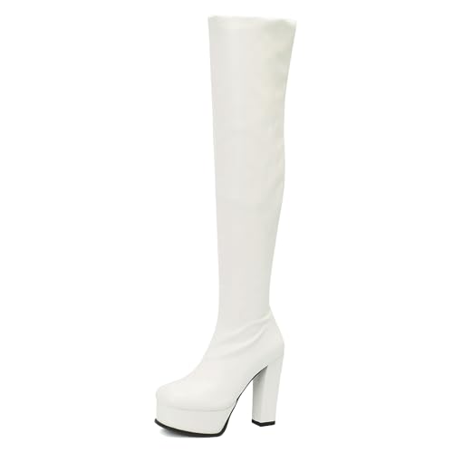 Lizoleor Mode Super Höhe Ferse Runde Zehen Damen Stretch Stiefel Plateau Blockabsatz Ohne Verschluss Solid Color Herbst Anzugstiefel Weiß Gr 41 EU/43Cn von Lizoleor