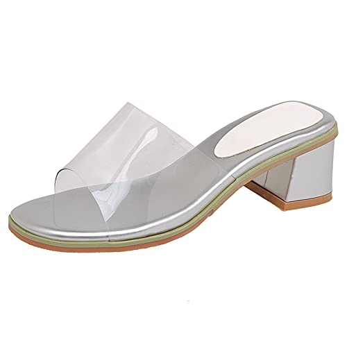 Lizoleor Pantoletten Damen Offene Zeh Sommer Pantoffeln Transparent Blockabsatz Sandalen Ohne Verschluss Mode Draußen Pantoffeln Sandalen Party Schuhe Silber Gr 38 EU/39Cn von Lizoleor