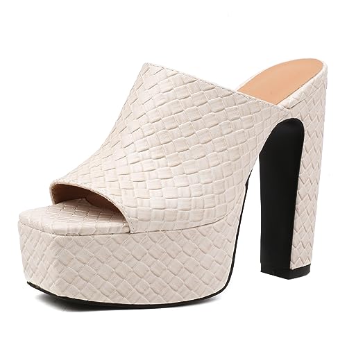 Lizoleor Peep Toe Höhe Ferse Pantoletten Damen Plateau Pantoffeln Leisure Pantoffeln Sandalen Mode Sommer Schuhe Hochzeit Blockabsatz Beige Gr 35 Eu von Lizoleor
