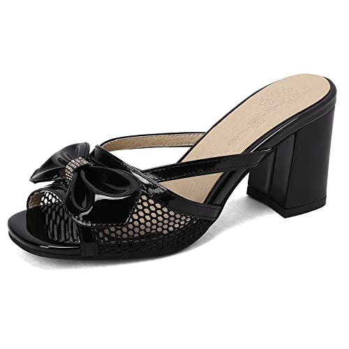 Lizoleor Peep Toe Pantoffeln Damen Blockabsatz Lack Sandalen Elegant Party Schuhe Mode Pantoffeln Mit Bogen Sommer Pantoletten Schwarz Gr 44 EU/46Cn von Lizoleor