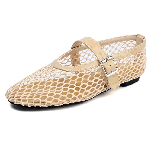 Lizoleor Personality Fishnet Damen Pumps Knöchelriemchen Runde Zehen Sommer Mesh Atmungsaktiv Schnalle Komfort Flach Mode Sandalen Aprikose Gr 37 EU/38Cn von Lizoleor