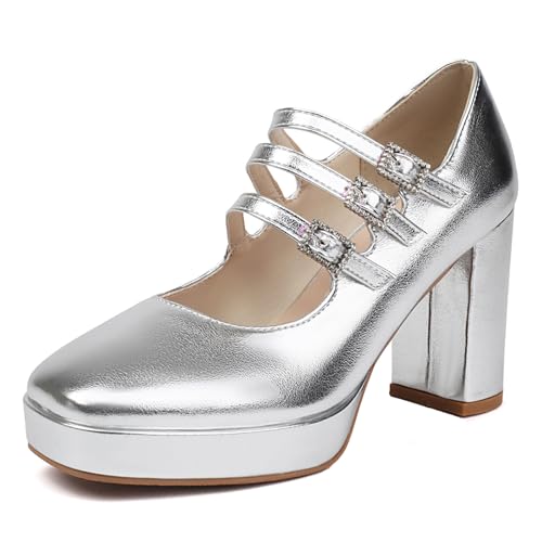 Lizoleor Plateau Blockabsatz Mary Jane Runde Zehen Damen Schuhe Knöchelriemchen Lack Shiny Höhe Ferse Square Toe Pumps Silber Gr 38 EU/39Cn von Lizoleor