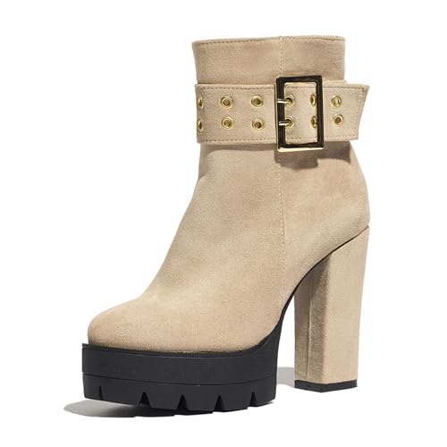 Lizoleor Plateau Runde Zehen Reißverschluss Blockabsatz Damen Stiefeletten Super Höhe Ferse Schnalle Herbst Winter Kleid Stiefeletten Aprikose Gr 36 EU von Lizoleor